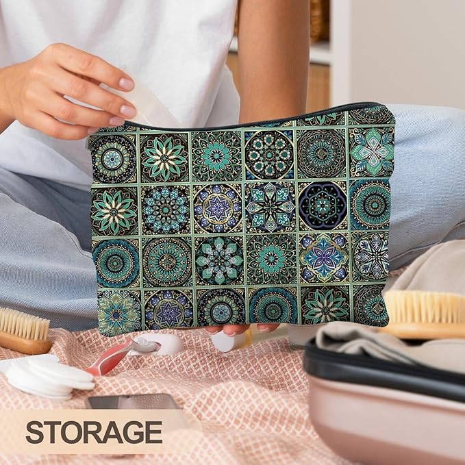 Vintage Boho Mandala Floral Makeup Bag, Ethnic Moroccan Mexican Talavera Tile Cosmetic Bags for Women, Mexican Gifts for Women, Traditional Green Block Print Zipper Makeup Pouch