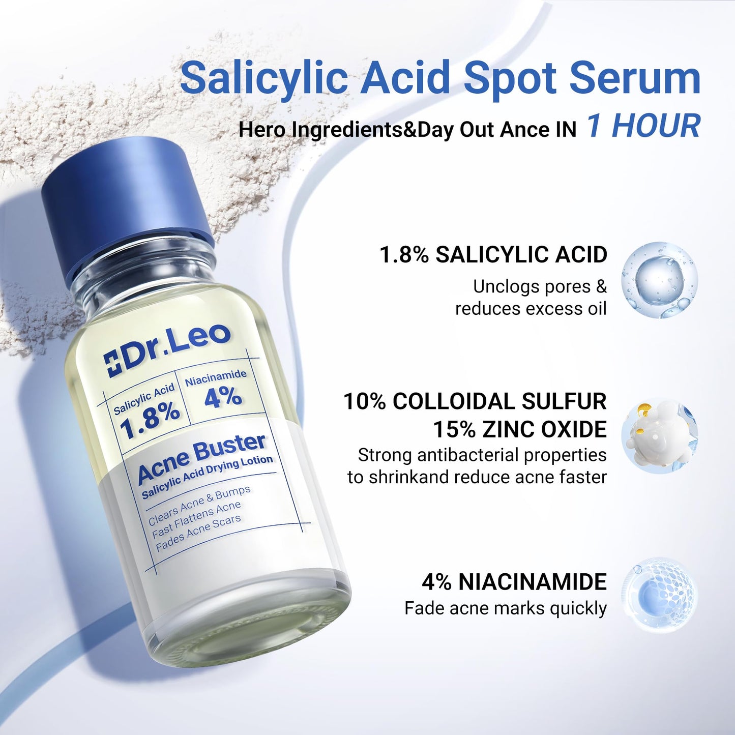 Dr.Leo 1.8% Salicylic Acid Spot Serum, Acne drying lotion Treatment for Acne-Prone Sensitive Skin | Niacinamide, Fast Pimple Relief, Fades Acne Marks, Overnight & Period Breakouts, 0.34 fl oz (20 ml)