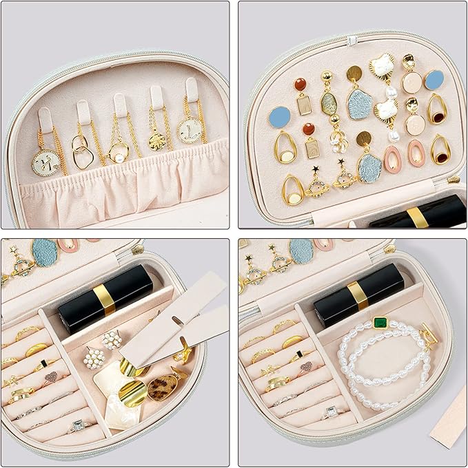 ProCase Travel Size Jewelry Box, Medium Portable Seashell-Shaped Jewelry Case, 2 Layer Mini Jewelry Organizer in PU Leather for Women -Silver