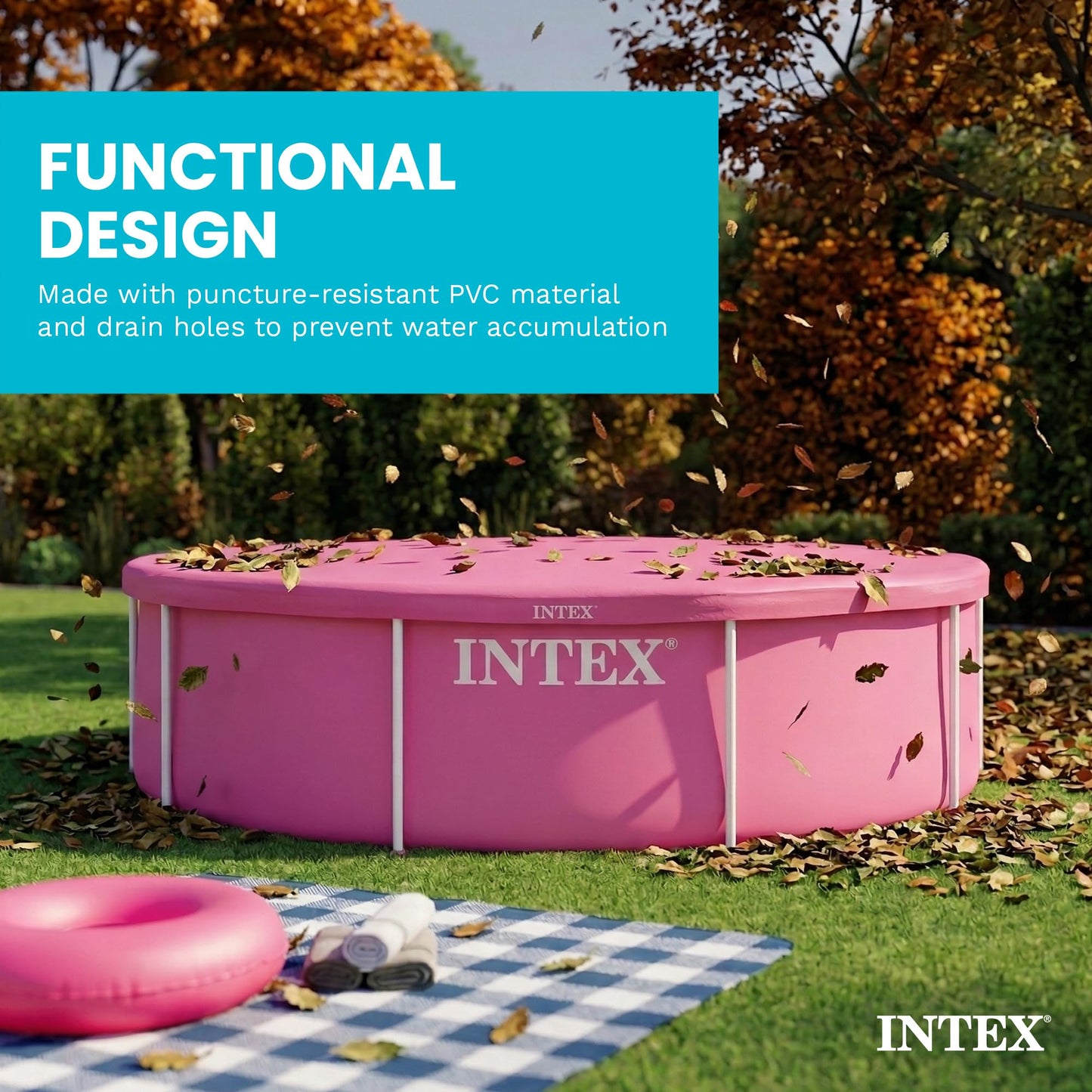 INTEX 28034E Pool Cover: For 10ft Round Metal Frame Pools – Includes Rope Tie – Drain Holes – 10in Overhang – Snug Fit