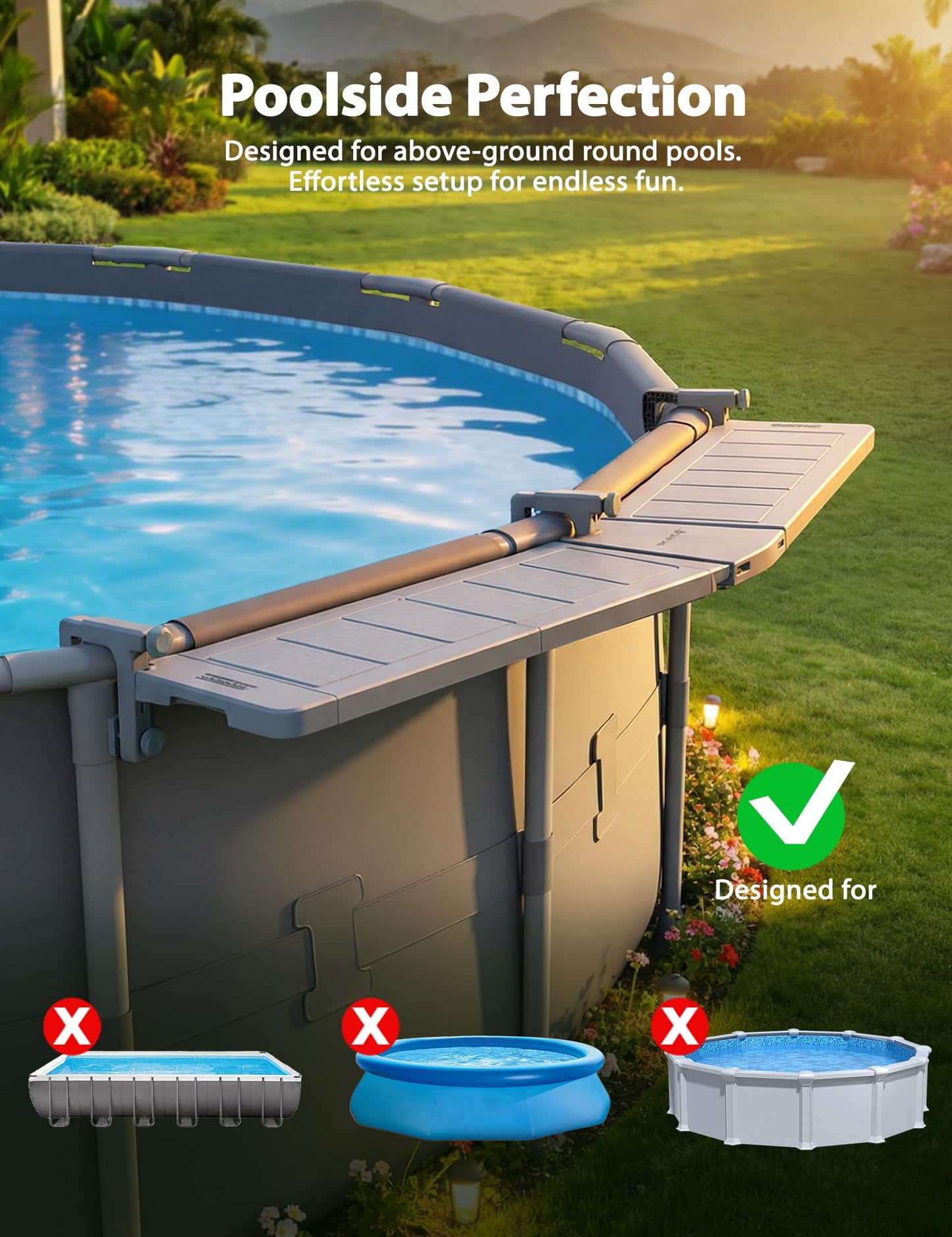 POOLHACKER Poolside Bar Extended, [Original] Swim Up Bar Exclusively for Above-Ground Round Pools. Patio Poolside Table Smart Fold Easy Maintenance, Weather Resistant Stable Tabletop