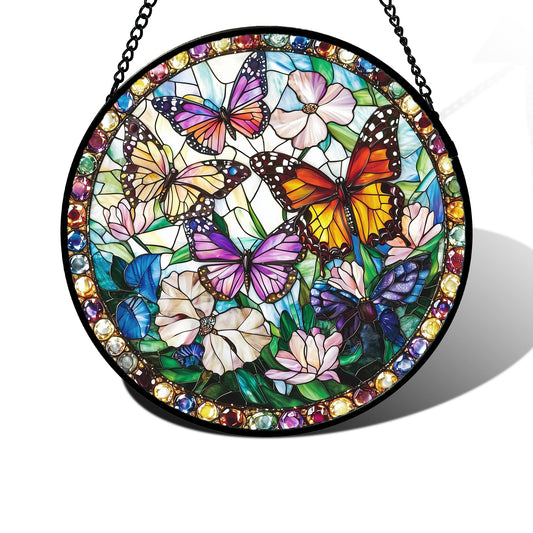 DASTOLL Stained Glass Window Hanging, Colorful Butterfly Suncatcher for Doors Home Sun Catchers Decoration and Christmas, Mother's Day Birthday Gifts for Women, Men, and Mom 7.8 in