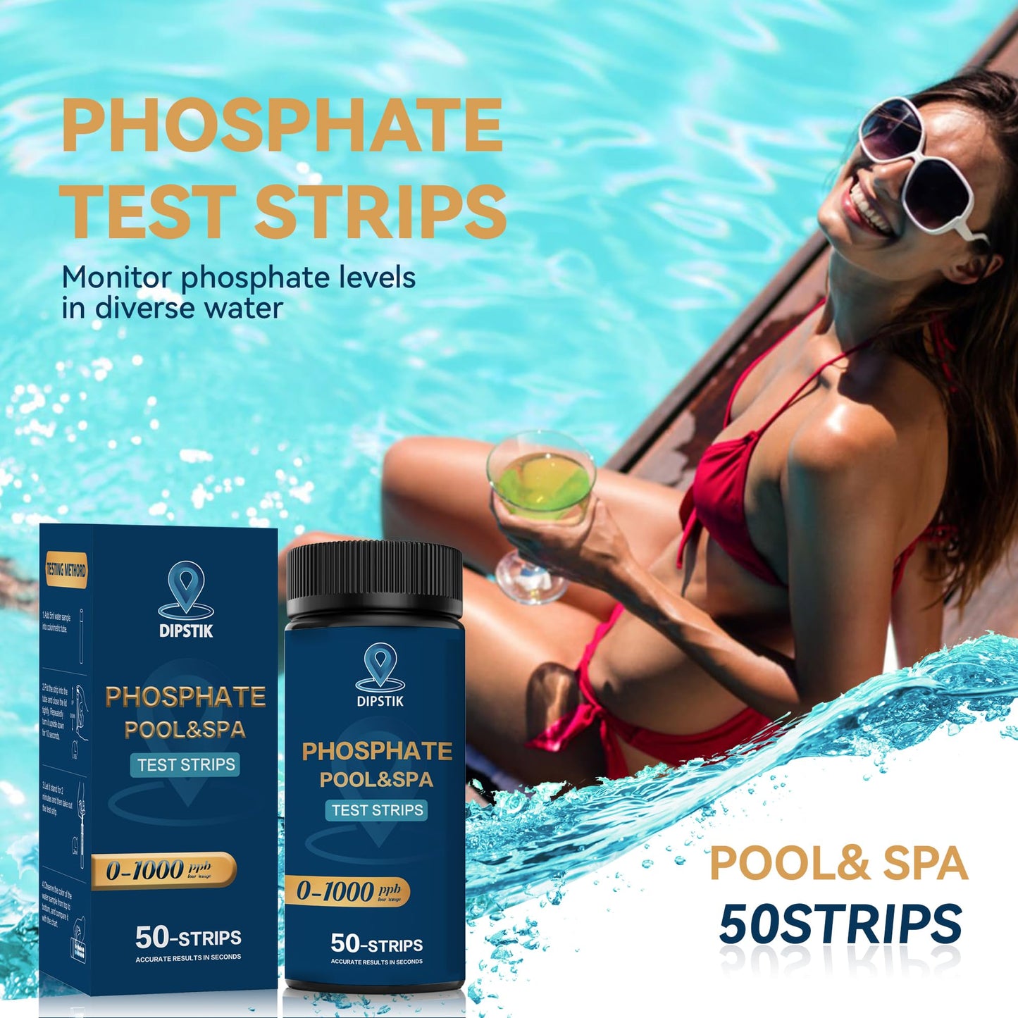 DIPSTIK Phosphate Test Kit for Pool,50 Strips Phosphate Test Strip Quick and Accurate Swimming Hot Tub and Spa Water Testing