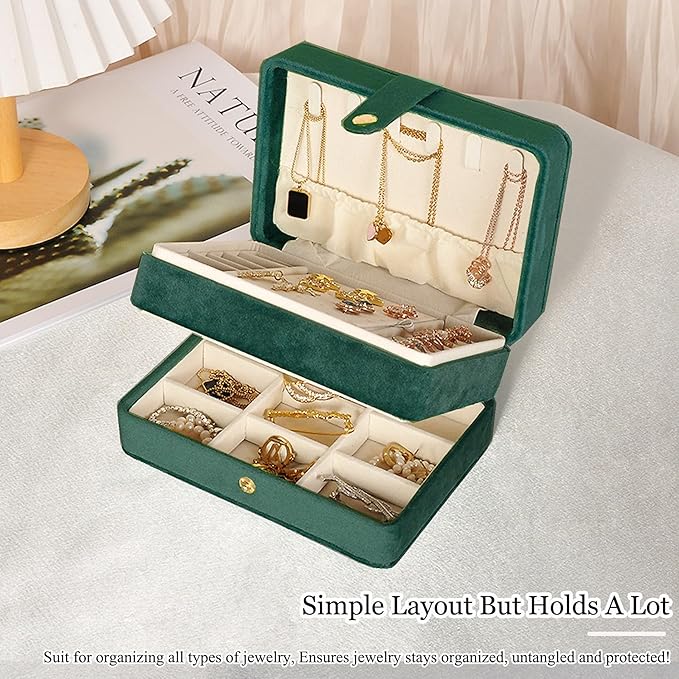 MODENGKONGJIAN Jewelry Organizer Box, 2-Layer Large Jewelry Storage Case, Portable Travel Jewelrys Display Holder for Earrings, Necklaces, Bracelets (Green,Velvet)