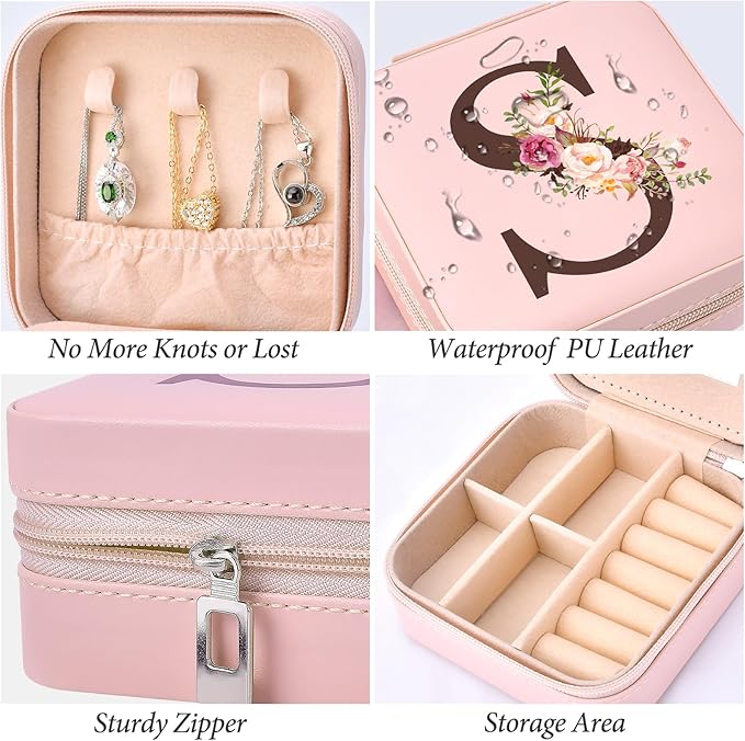 Mothers Day Mom Gifts for Wife Daughter Grandma, Travel Jewelry Case Box Organizer, Personalized Gifts for Women Teen Girls Mom Aunt Sister, Bridesmaid Gifts Traveling Essentials, Initial S