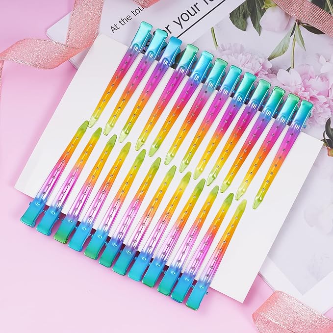 24 Packs Duck Bill Clips, Bantoye 3.35 Inches Rustproof Metal Alligator Curl Clips with Holes for Hair Styling, Hair Coloring, Gradient Rainbow