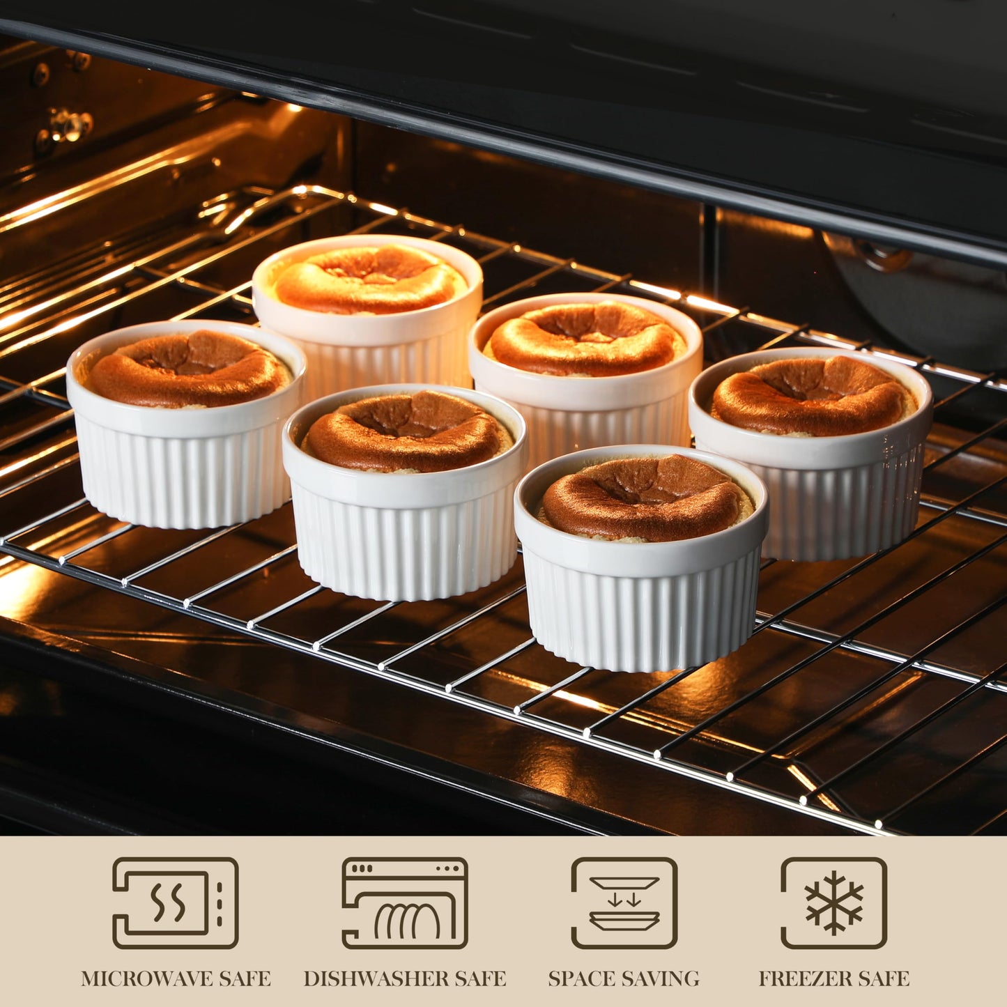 MALACASA Ramekins 10 oz Oven Safe, Porcelain Creme Brulee Ramekins Pudding Custard Cups Large Ceramic Souffle Dishes Ramakan Ramiken Ramicans Baking Bowls Set of 6, White, Series RAMEKIN-DISH
