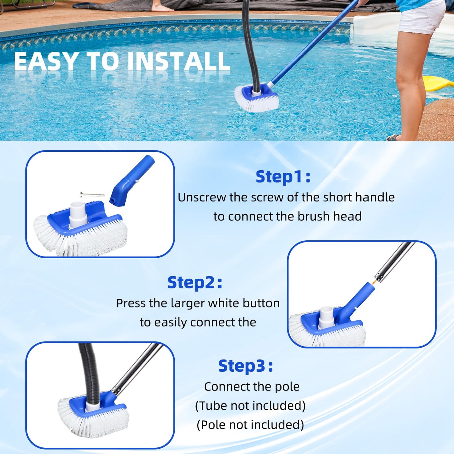 Pool Brush Head with Pool Vacuum Head for Inground & Above Ground Pools, Round Heavy Duty Scrubber Pool Broom Cleaning Nylon Brush with 1/4" or 1/2" Swivel Hose Connection, No Pole