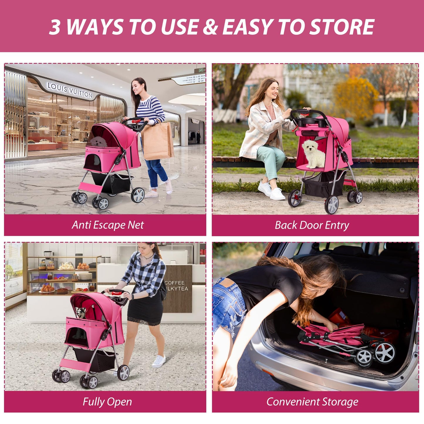 Unisakey 4 Wheels Pet Stroller for Small Medium Dogs Cats 10-33 lbs, Foldable Dog and Cat Stroller with Cup Holder & Storage Basket & Breathable Mesh, Pet Strolling Cart for All-Season, Pink