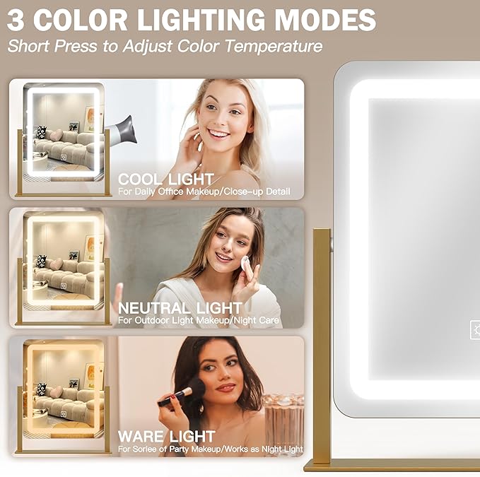 ROLOVE Vanity Mirror with Lights, 12.6"×15" LED Makeup Mirror, Lighted Makeup Mirror with Lights, Smart Touch Control Dimmable 3 Modes Light, Lighted Up Mirror for Makeup Desk, Gold