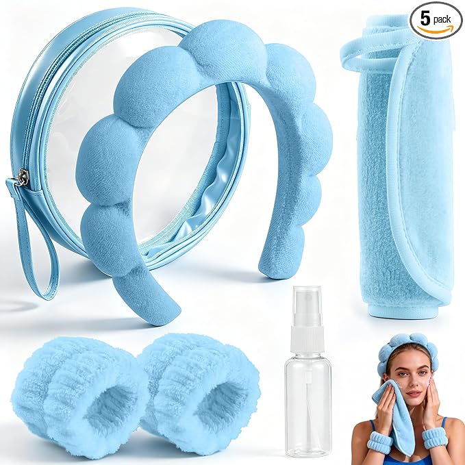 Real Perfection Spa Headband for Washing Face, Skincare Headband Wristband Set for Women, Reusable Machine-Washable Makeup Remover Towel Cloth, 1oz Small Spray Bottle with Travel Makeup Bag - Blue