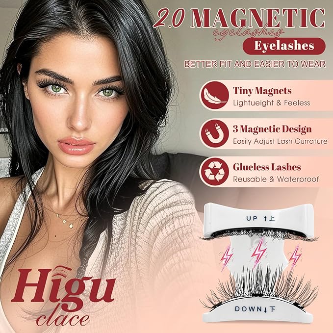 Higu clace Magnetic-Eyelashes 2 Pairs Magnetic Eyelashes with Applicator Soft Eyelashes Magnetic Lashes Natural Look Wispy pestaÃÂ±as magnÃÂ©ticas Without Eyeliner Easy to Wear and Remove(A+C03)