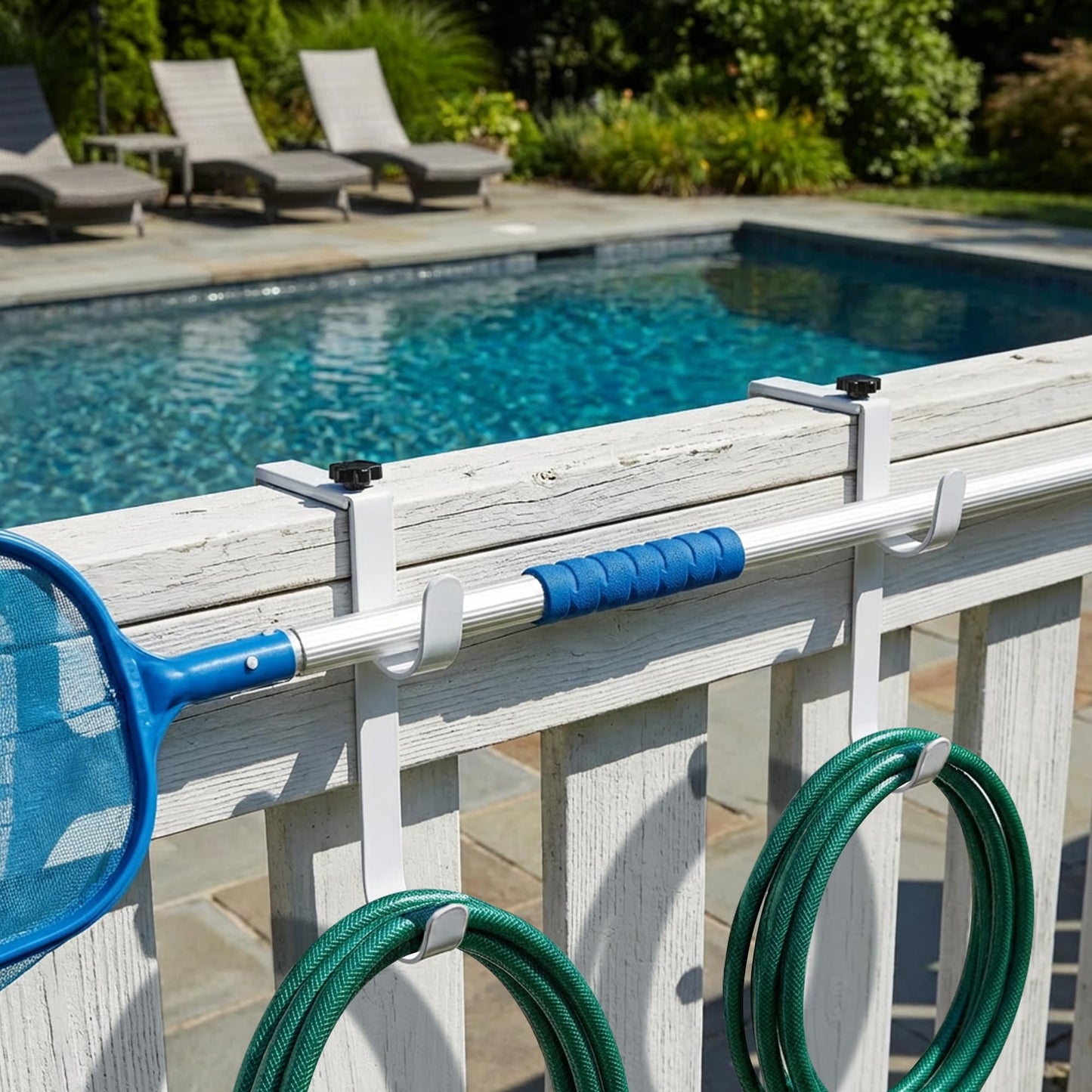 2 Pcs Double Pool Fence Hooks for Pool Equipment, Adjustable Pool Pole Hanger Holder, Rustproof Swimming Pools Skimmer Pole Hooks for Hanging Tool, Hose, Leaf Rakes, Nets Pool-Accessories (White)