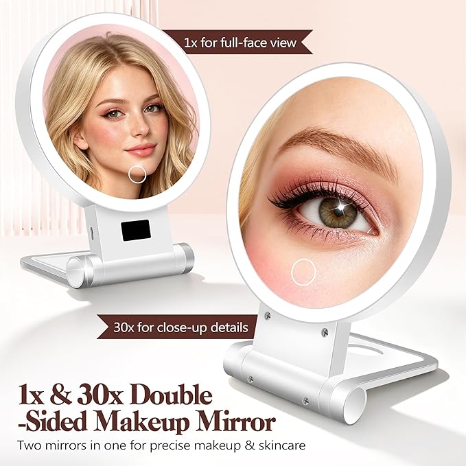 B Beauty Planet Magnifying Mirror with Light 30X, 2000mAh 1X/ 30X Magnifying Makeup Mirror with Standable Base & Tweezers, 3 Color Modes with Adjustable Brightness& Smart Display, Foldable for Travel