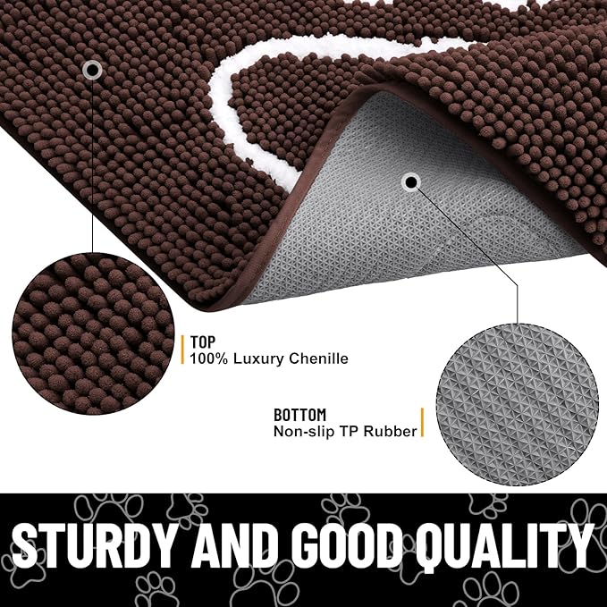 Smiry Dog Door Mat for Muddy Paws, Absorbent Dirt Trapper Non Slip Quick Dry Washable Chenille Mat for Mud Dogs, Entry Rug for Indoor and Outdoor (54x24 Inches, Brown and White)
