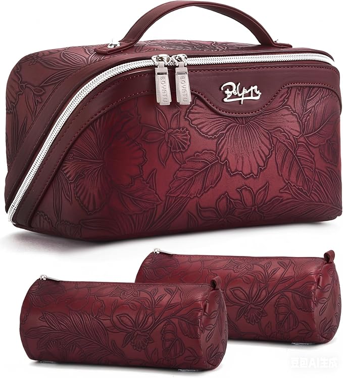 BOYATU Travel Makeup Bags Cosmetic Organizer Bag: 3-Set Large Capacity Make up Bag - PU Leather Toiletry Bags for Women - Wide Open Portable Pouch with Divider & Handle (02-Dark Red)