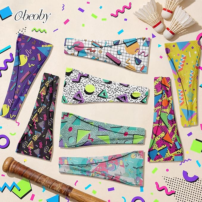 obeoby 8 Pack 80s Print Neon Headbands for Rave Outfits Women, 90s Retro Accessories Sport Hairbands for Party Style Festival Outfits Running Cycling