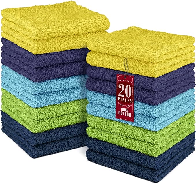 DecorRack 20 Pack 100% Cotton Wash Cloth, Luxurious Soft, 12 x 12 inch Ultra Absorbent, Machine Washable Washcloths, Assorted Set 3 (20 Pack)