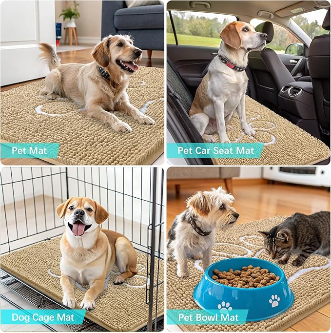 OLANLY Dog Door Mat for Muddy Paws 24x16, Paw Print Design, Absorbs Moisture and Dirt, Absorbent Non-Slip Washable Doormat, Quick Dry Chenille Mud Mat for Dogs, Entry Indoor Entryway Carpet, Beige