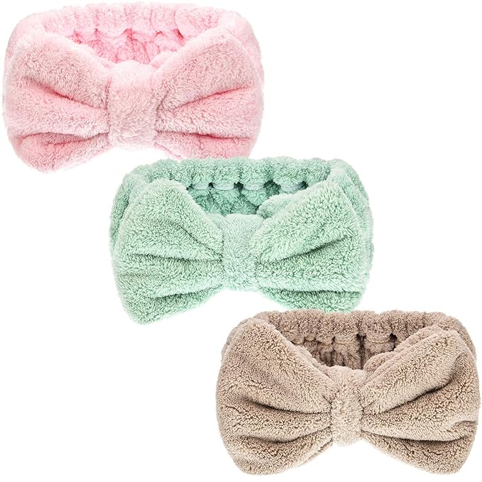 3 Pieces Hair Headband Headband to Wash Face for Women Makeup Spa Headband, Microfiber Bowtie Shower Headband for Women and Girls (Light Pink, Light Green, Light Brown)