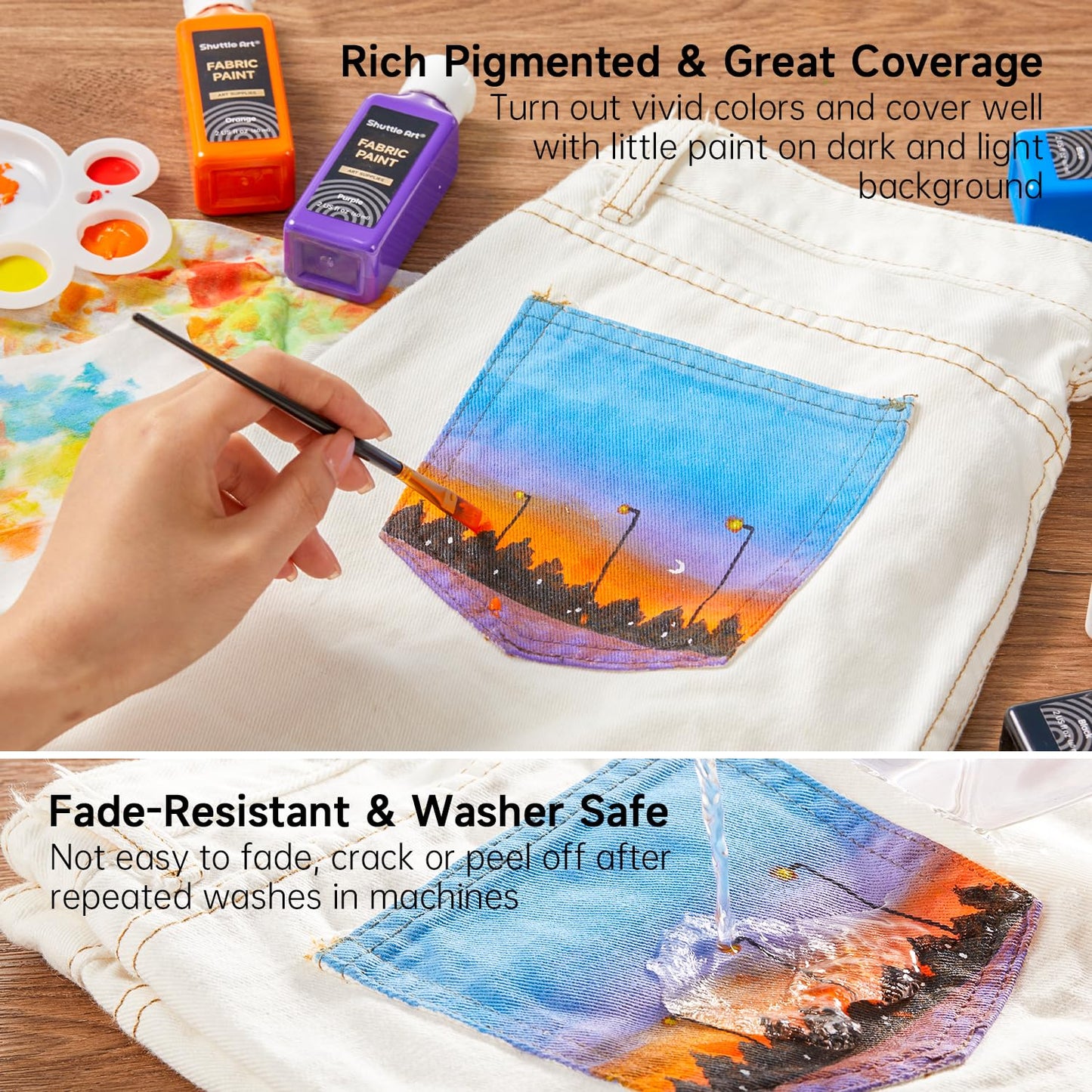 Shuttle Art Fabric Paint, 18 Colors Permanent Soft Fabric Paint in Bottles (60ml/2oz) with Brushes, Palette, Stencils, Non-Toxic Textile Paint for T-Shirts, Shoes, Jeans, Bags, DIY Projects&Art