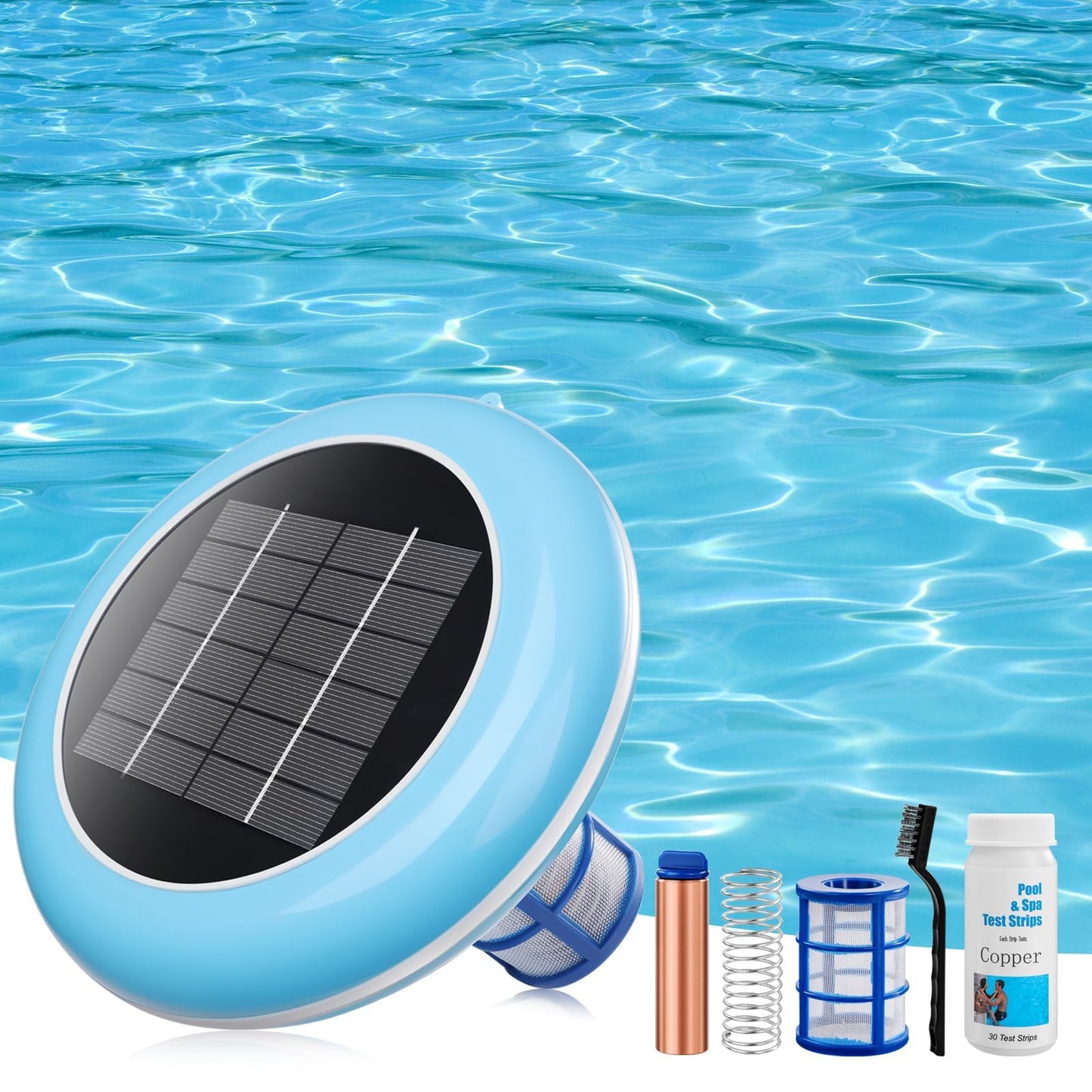 Pool Ionizer Solar Powered,Copper Ionization,Floating Automatic Water Cleaner and Purifier,Up to 45,000 Gal,85% Less Chlorine, Chlorine Free Water,Smart Replacement