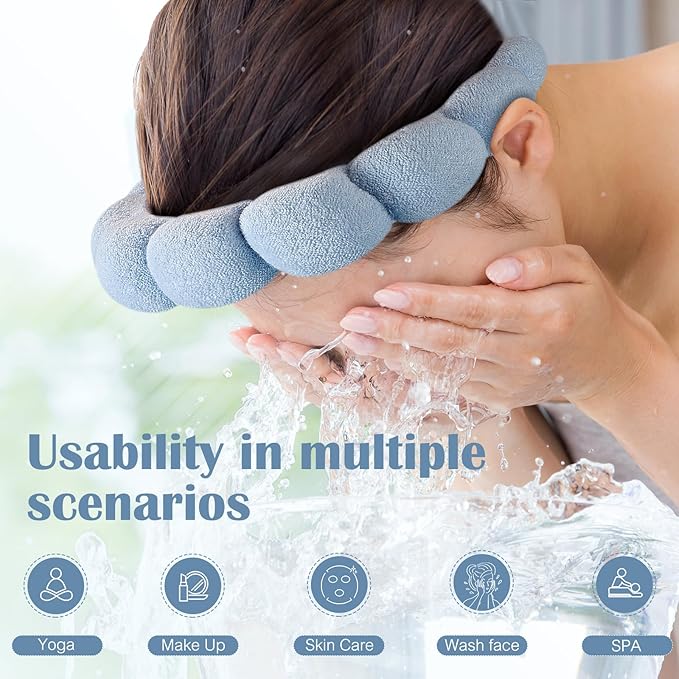 Headbands, Set of 2 - Terry Cloth Spa Headbands for Face Washing, Makeup Removal, or Facial Mask Usage, Dark Khaki + Blue