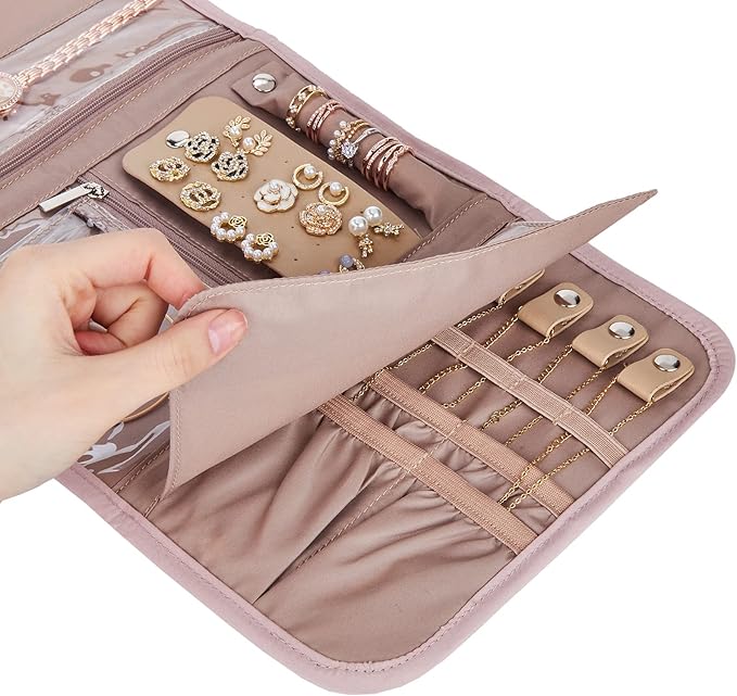 BELALIFE Travel Jewelry Case Organizer, Medium Foldable Storage Roll for Earrings, Necklaces, Rings, Bracelets, Brooches, Pink