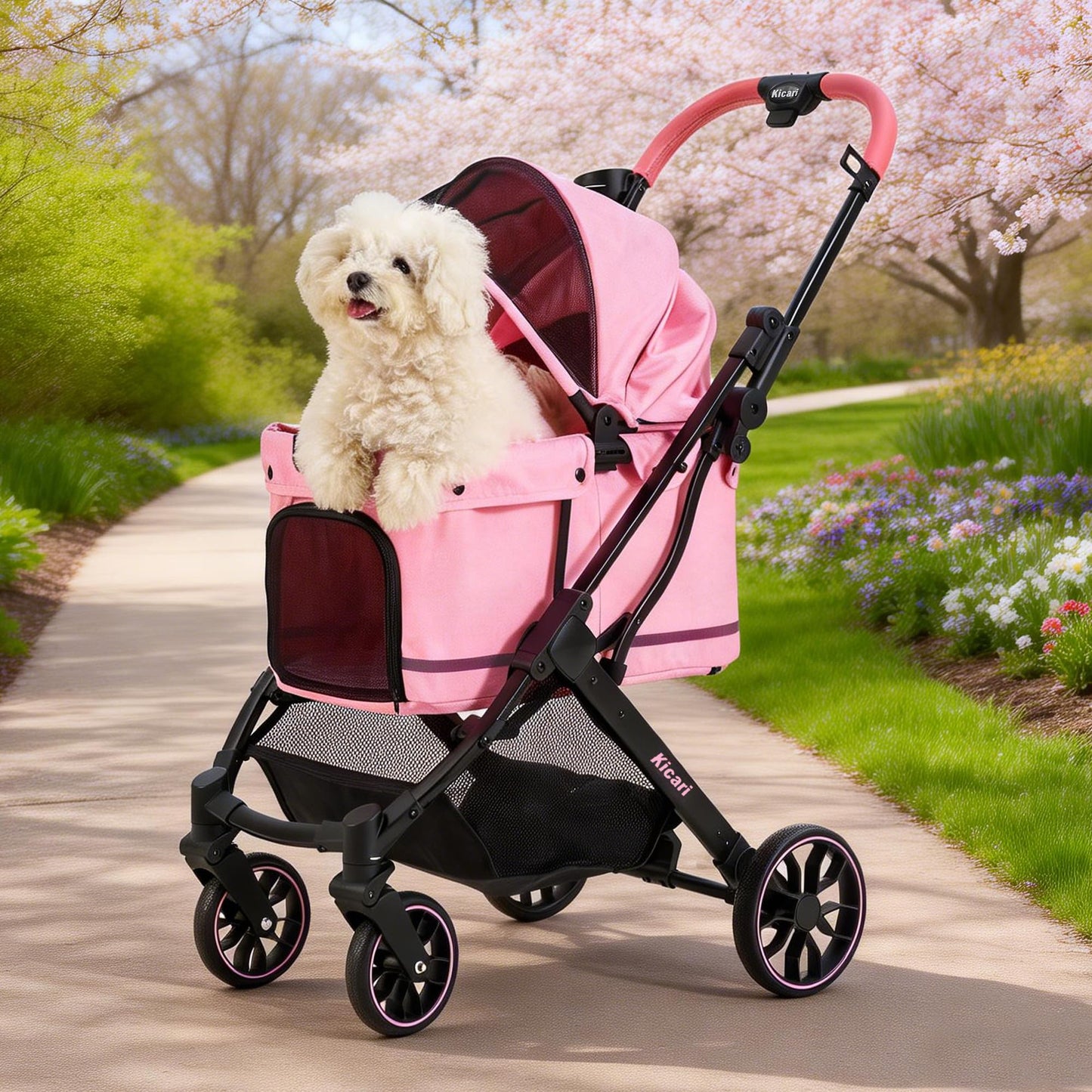 Kicari All-Terrain Dog Stroller for Small to Medium Dogs, Pet Stroller for Dogs & Cats Outdoor Walks, One-Hand Easy Fold, Double-Layer Anti-UV & Waterproof Canopy & Breathable Mesh, Sakura Pink