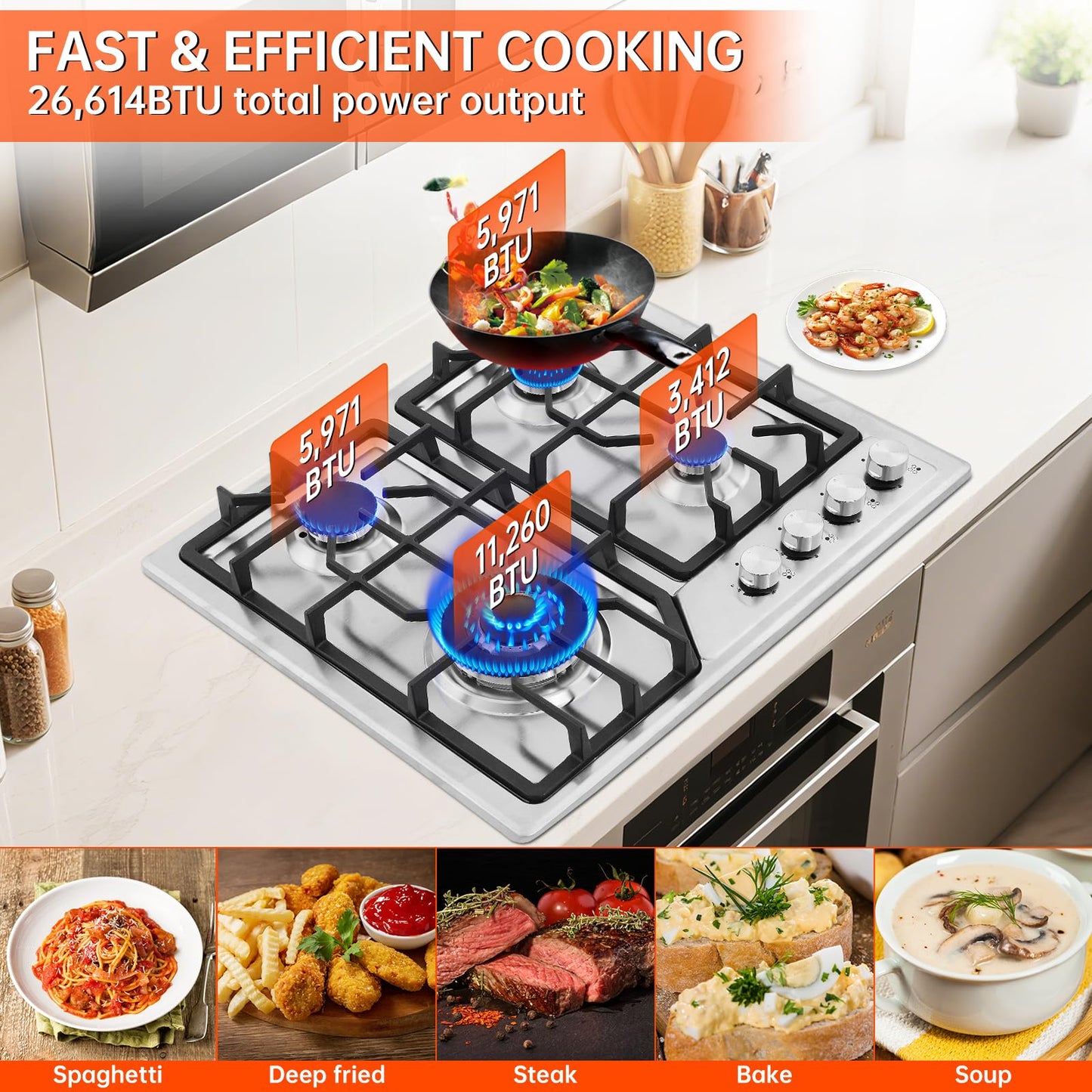 22″x20″ Built in Gas Cooktop 4 Burners Stainless Steel Stove with NG/LPG Conversion Kit Thermocouple Protection and Easy to Clean (20Wx22L)