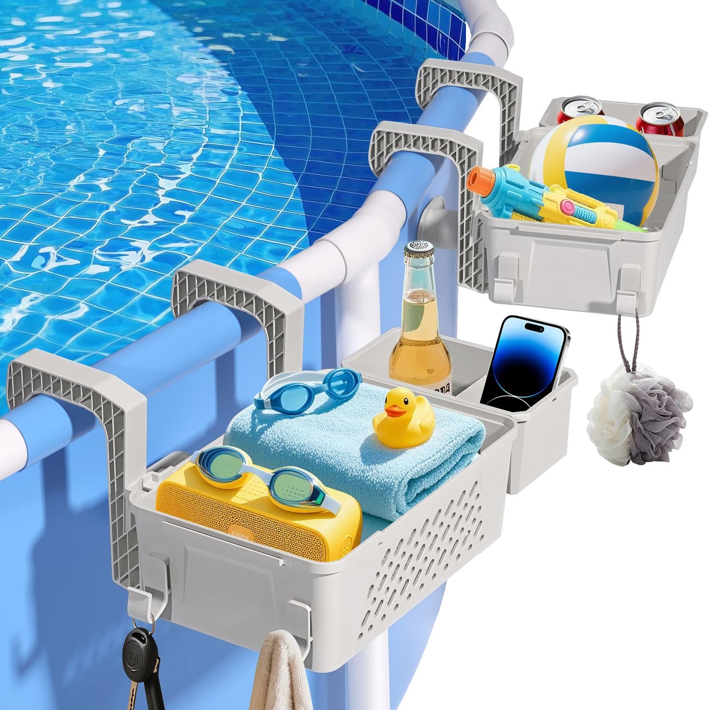 【2026 Upgrade】2-Pack Poolside Storage Basket with Cup Holder, Above Ground Pool Accessories, 3-in-1 Swimming Pool Hanging Storage Baskets to Organize Cups & Towels, Fits 3 Inch or Less Top Rail(Beige)