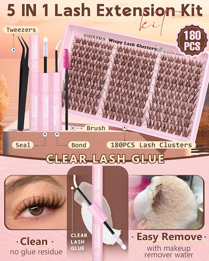 Goddvenus Brown Wispy Eye Lash Clusters Kit Natural Cluster Eyelash Extensions Kit False Eyelash Clusters Fluffy DIY Individual Lash Extensions Kit C Curl