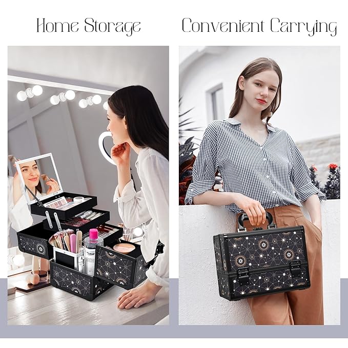 Joligrace Galaxy Printed Makeup Train Case, 3-Tier Makeup Storage Box, Portable Makeup Organizer, Hard Makeup Case with Mirror and Lock, Professional Makeup Case for Women