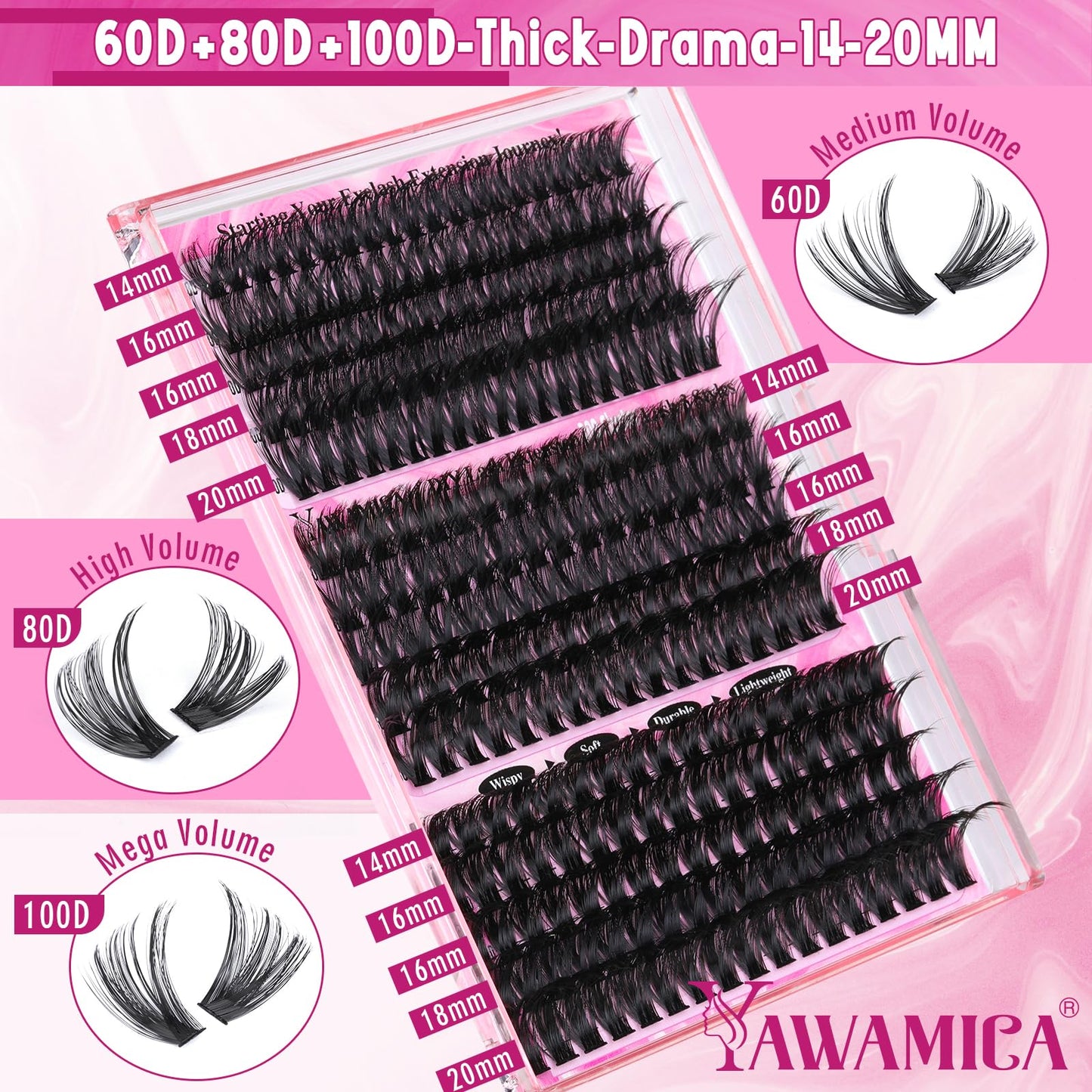 Yawamica Faux Mink Eyelash Extensions Kit, 300pcs 60D+80D+100D Individual Clusters, Black, Cruelty Free, DIY Lash Beginners