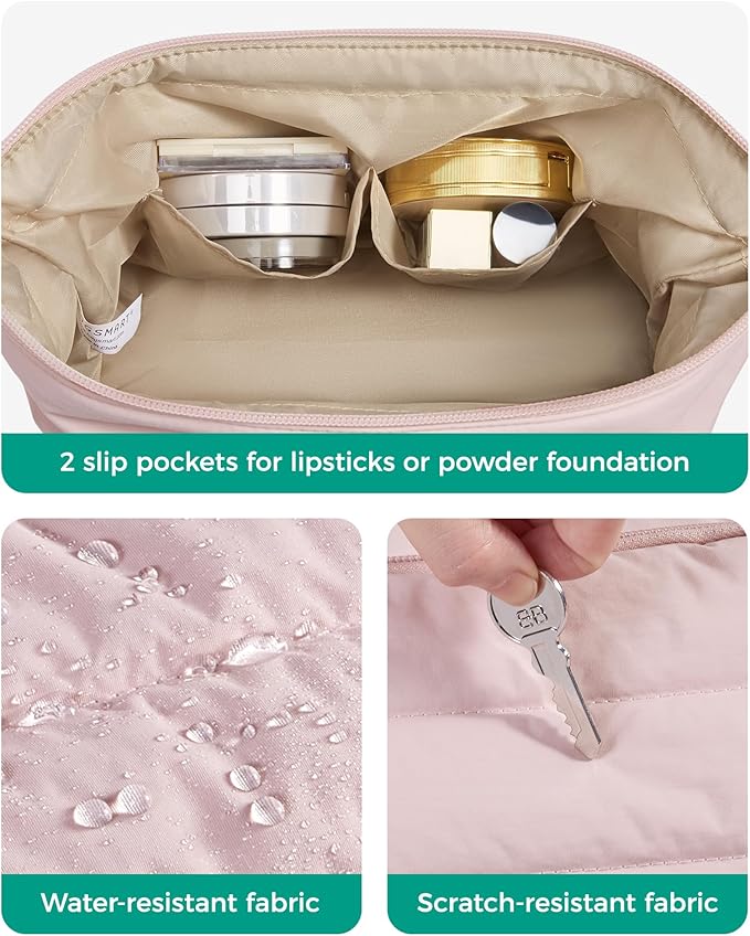 BAGSMART Travel Makeup Bag, Cosmetic Bag Small Make Up Organizer Case,Wide-open Pouch for Women Purse for Toiletries Accessories Brushes,Large Beige