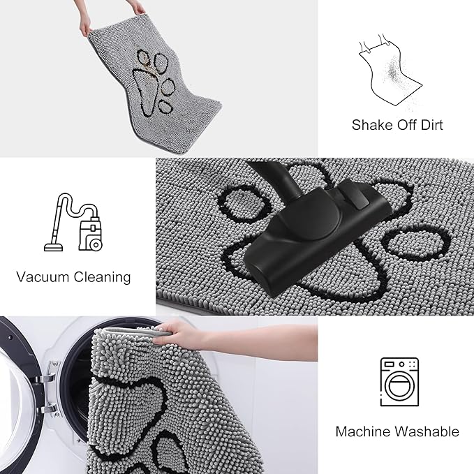 Smiry Dog Door Mat for Muddy Paws, Absorbent Dirt Trapper Non Slip Quick Dry Washable Chenille Mat for Mud Dogs, Entry Rug for Indoor and Outdoor (30x20 Inches, Grey and Black)