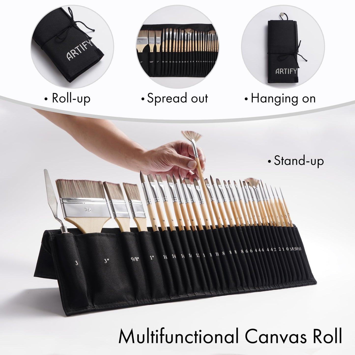 ARTIFY 30 Pieces Professional Paint Brush Set – Expert Series Synthetic Nylon Brushes for Acrylic, Oil, Watercolor, Gouache – No Shedding, Canvas Roll Case & Palette Knife, Artist Gifts Art Supplies
