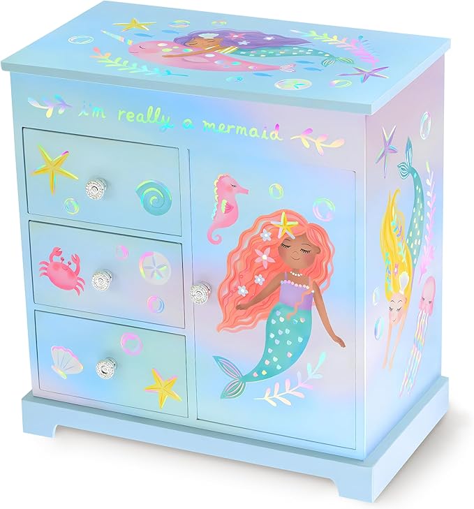 Giggle & Honey® Mermaid Musical Jewelry Box for Girls Kids Music Box with Drawers, Mermaid Mermaid Gifts for Girls, Mermaid Jewelry Boxes for Ages 3-10