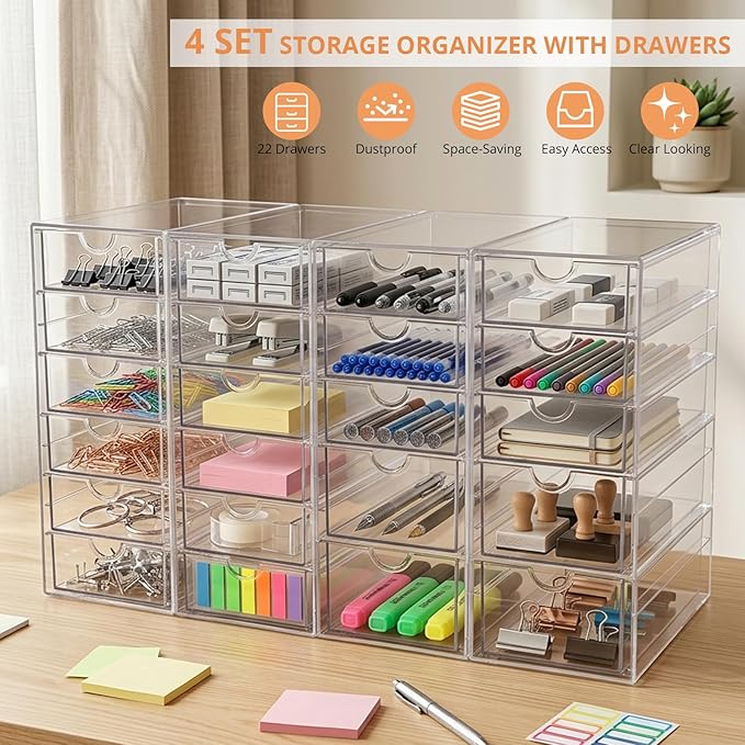 Makeup Drawer Storage Organizer with 22 Drawers, 4 Set Acrylic Office Desk Organization and Storage, Dustproof Drawer Organizer for Makeup, Office, Countertop, Jewelry, Pen, Desktop, Bathroom, Bedroom