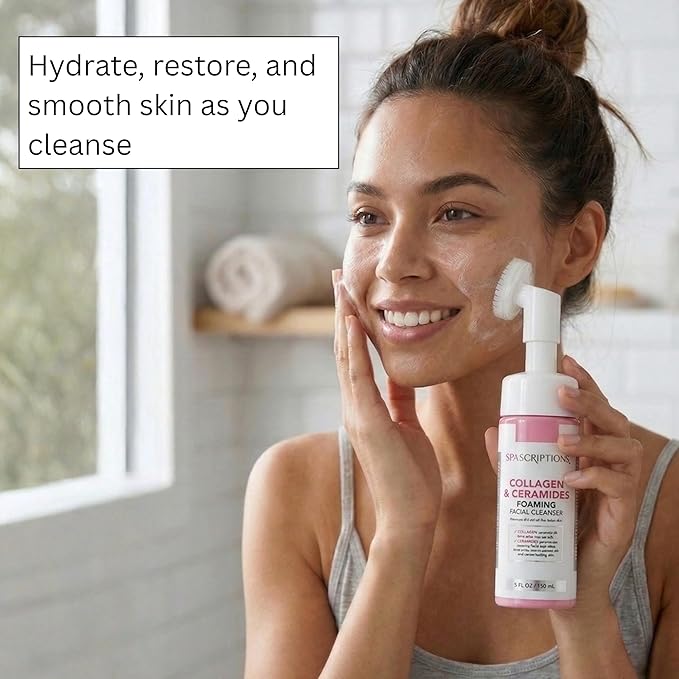 SpaScriptions 2 in 1 Cleanse & Exfoliate Foaming Facial Cleanser - Collagen & Ceramides Face Wash with Silicone Brush for Dryness with Skin Barrier Support with Peptides for Daily Cleansing, 5 oz