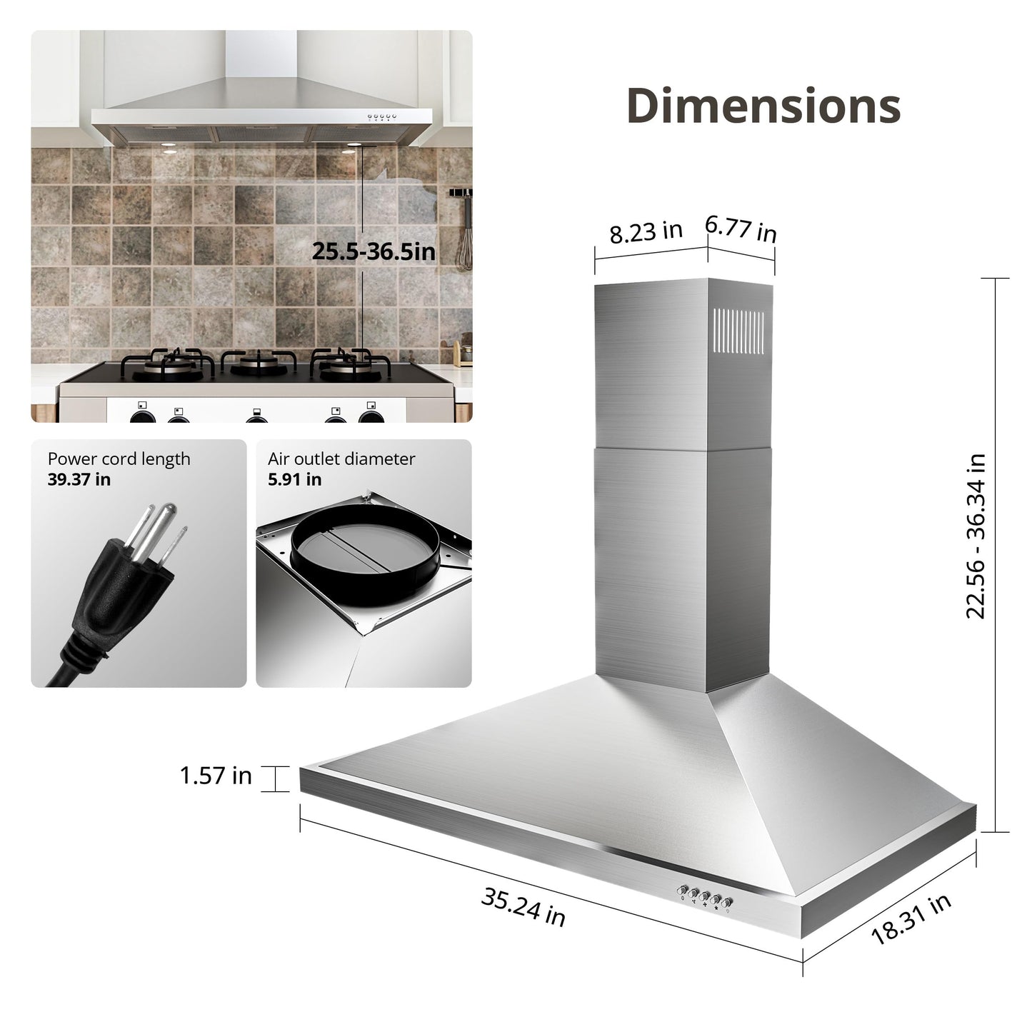 FIREGAS Range Hood 36 inch with Ducted/Ductless Convertible, 450 CFM Stainless Steel Wall Mount Chimney-Style Kitchen Hood, Over Stove Vent Hood with 3 Speed Fan, Charcoal Filters