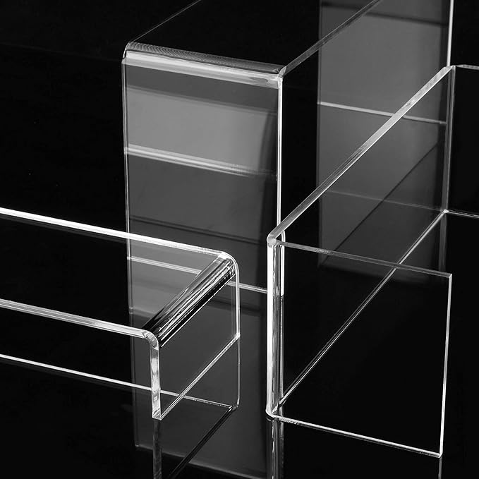 ANDGOO Large Acrylic Display Risers, 2 Sets(11.2Ã¢ÂÂL~11.6Ã¢ÂÂL~12Ã¢ÂÂL) Clear Rectangular Showcase Collectibles Display Shelf, Retail Desktop Risers Display Stand for Organize and Decoration