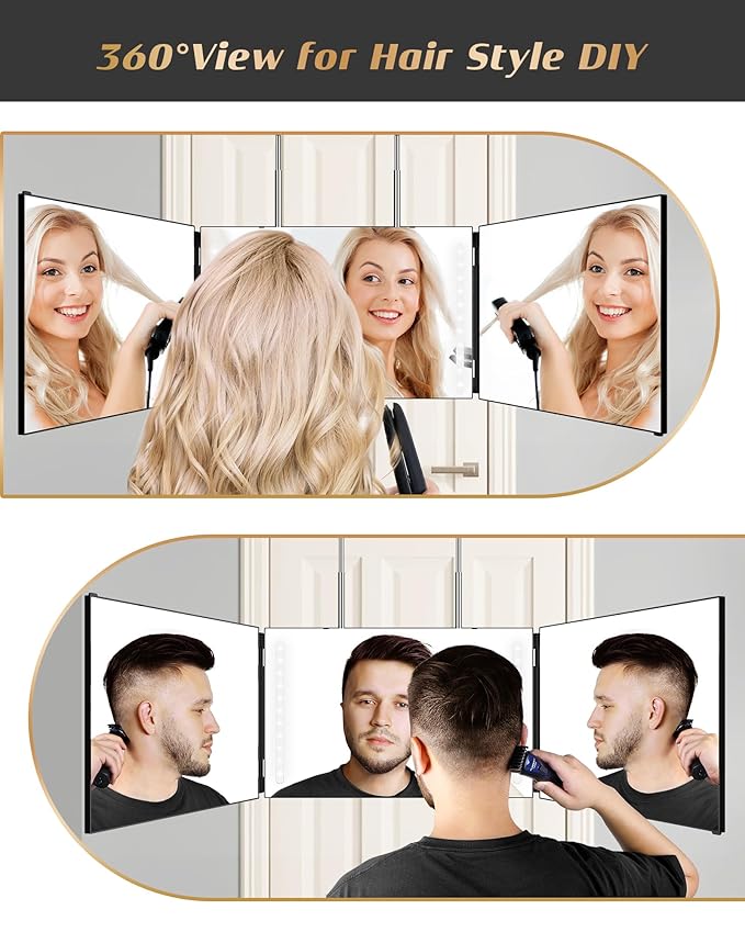 JUSRON 360 Viewing Angle Self Hair Cutting Mirror, Clear Anti-Fog HD Glass (Black with LED with Accessories)