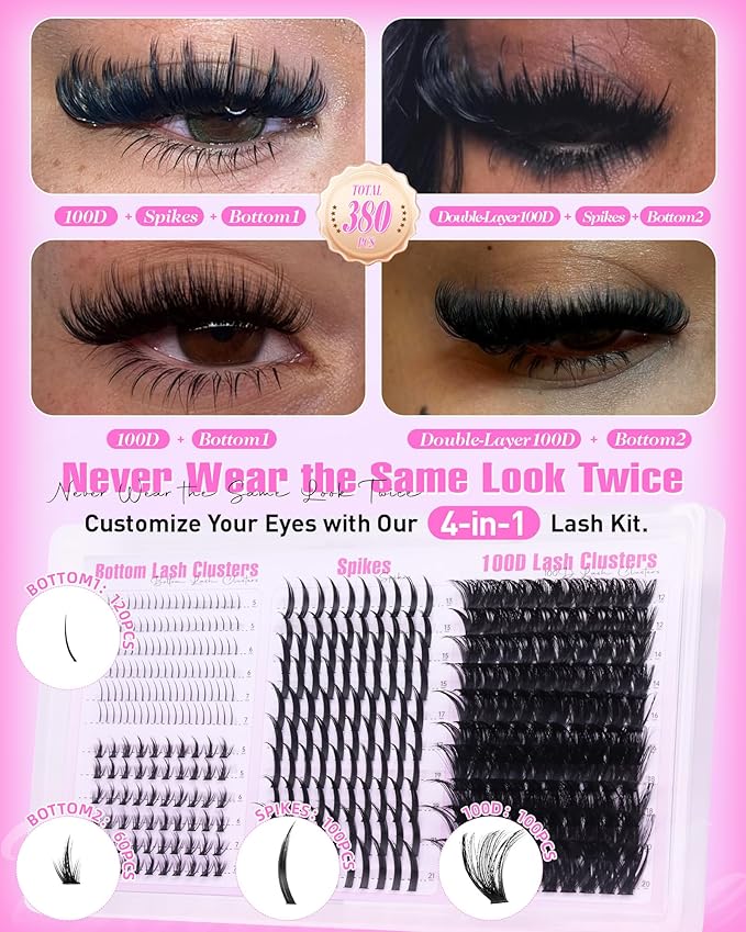Wispy Lash Clusters with Spikes Volume Eyelash Clusters with 2 Styles Bottom Lashes 100D Mink Cluster Eyelash Extensions 380PCS Spiky Individual Lashes with Bottom Lash Clusters by Boahankuke