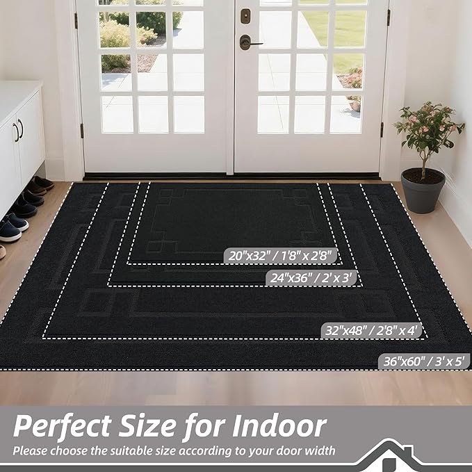 BEQHAUSE Door Mat 20" x 32", Non-Slip Door Mats Indoor Entryway Rugs Washable Low-Profile Absorbent and Stain Resist Floor Mats, Dog Door Mat for Front Back Door, Mud Wet Shoes & Paws, Black