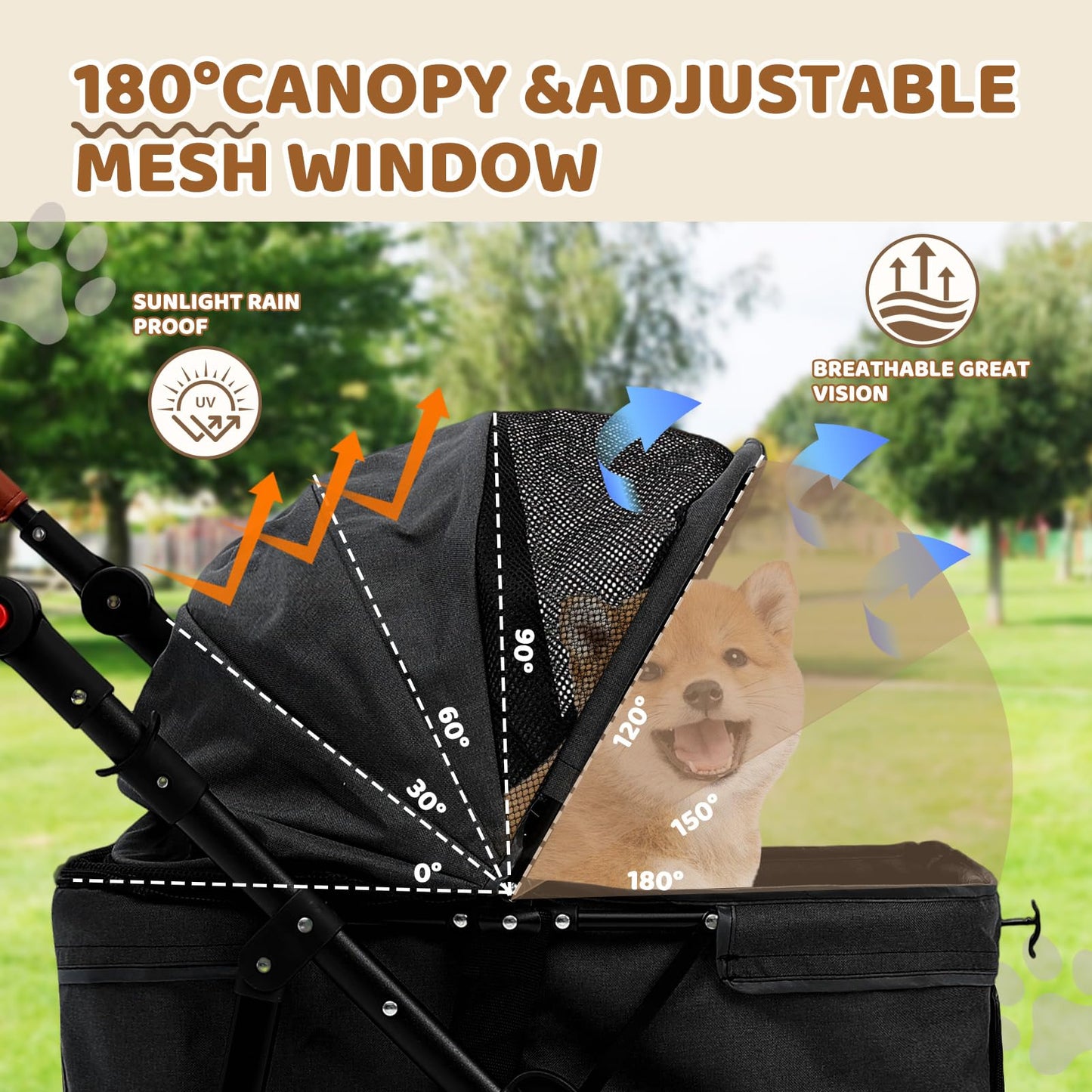 Dog Stroller for Small Pets, All-Terrain 4-Wheel Cat & Dog Carrier with 360° Front Wheels, Adjustable Handle & Canopy|Cup Holder & Storage Basket|Foldable in One Step|Ventilated Design for Comfort