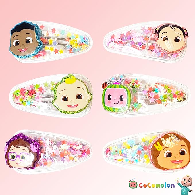 LUV HER Cocomelon Hair Clips For Girls, 6pc Magical Confetti Hair Clips with Favorite Cocomelon Character Charms, Ages 3+