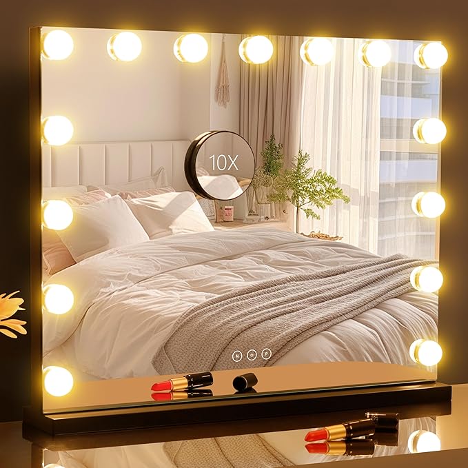 Vanity Mirror with Lights Lighted Makeup Mirror with 15 Dimmable LED Bulbs,3 Color Lighting Modes,USB Charging Port Touch Control,Sturdy Metal Frame Design 22.8x18 Inch,Black