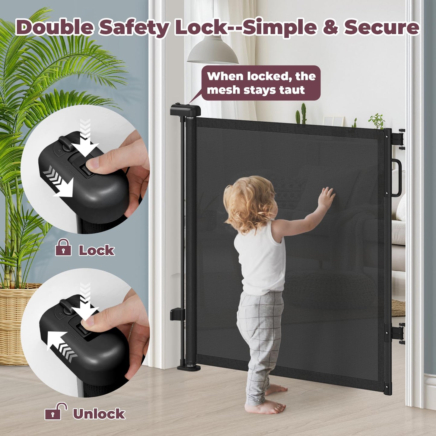 Cideny 42" Extra Tall Retractable Baby Gates for Stairs, 76" Wide Dog Gate Indoor Outdoor for Doorways Deck Kitchen, Long Mesh Safety Gate for Child Toddler, Prevent Pet from Jumping Over, Black