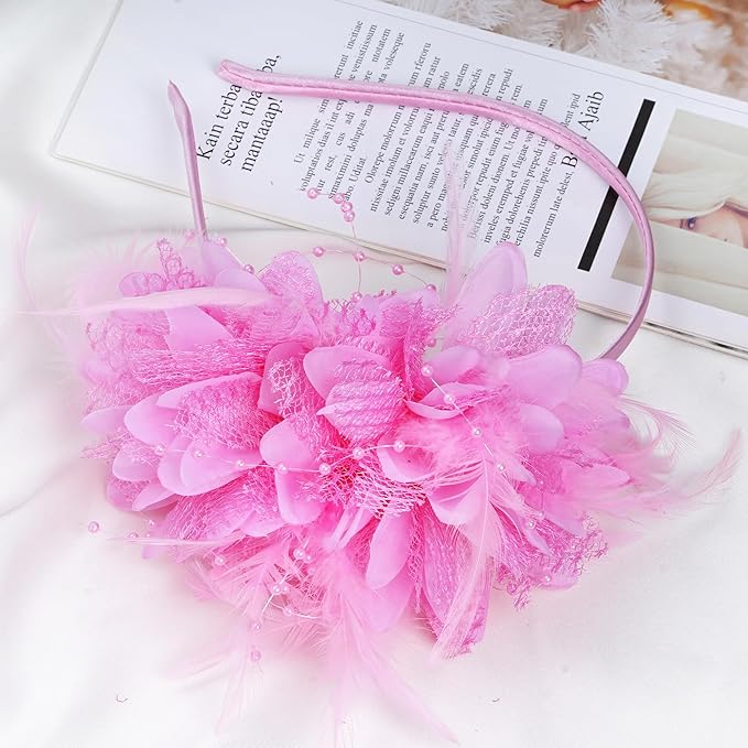 Womens Fascinators Hats Tea Party Hats for Women, Feather Pearl Veil Headband for Wedding Cocktail Dresses Accessories